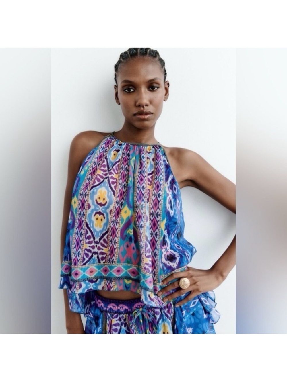 Zara Multicolor Blue Halter-Style Printed Boho Ikat Top Sz S